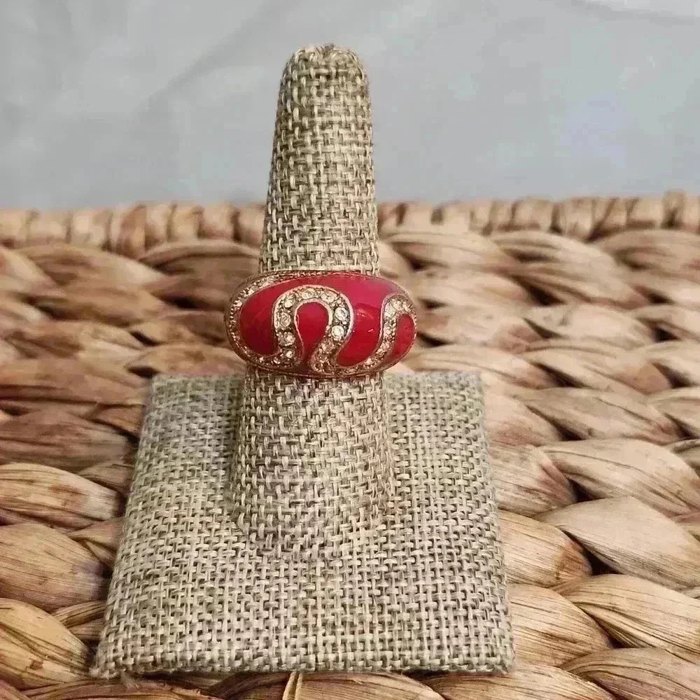 Gold and Red Fashion Ring with Rhinestones